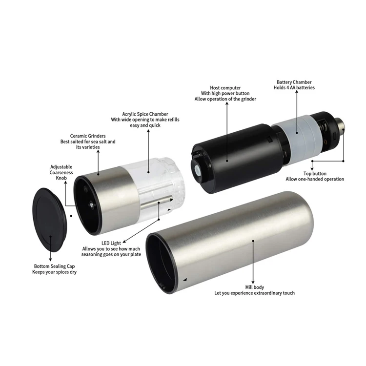 Stainless steel electric battery operated ceramic acrylic salt pepper grinder mills mechanism