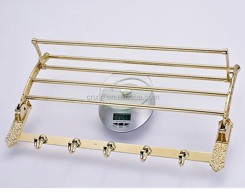 Brass gold plating bathroom folding towel racks with hooks