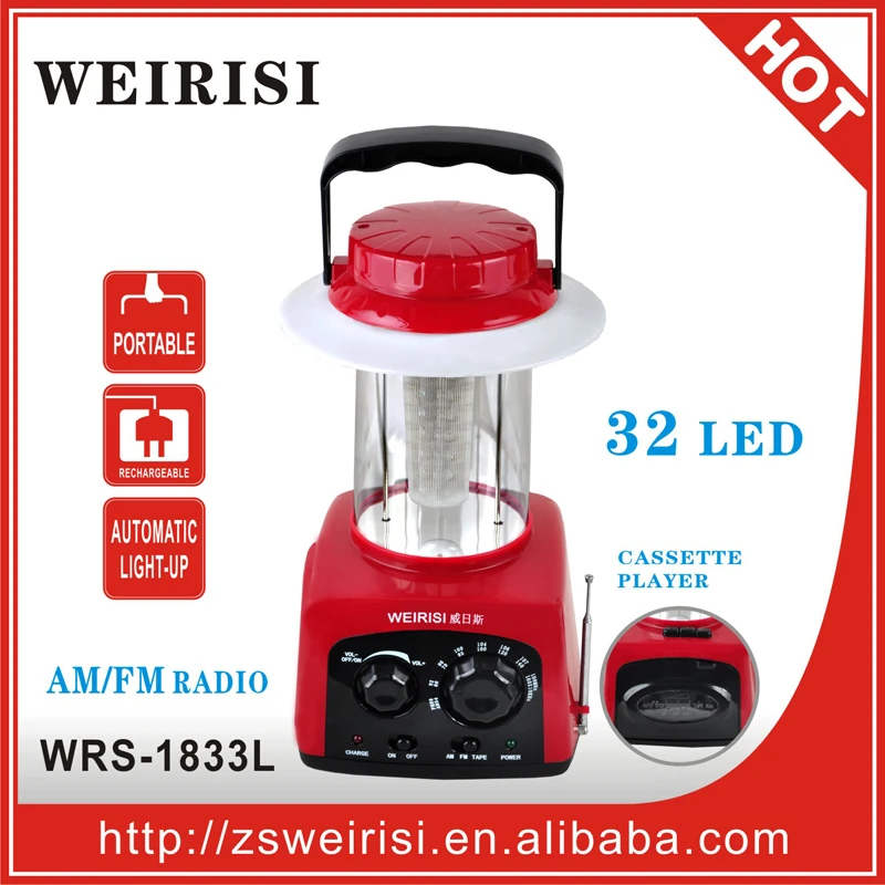 Portable rechargeable emergency LED light with cassette player & FM radio for camping/hiking/home (WRS-1835L)