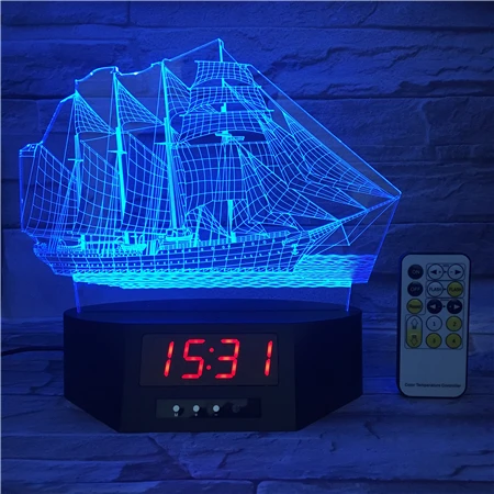 
Night Light 3D Acrylic 7 Color Change Remote Control Clock Calendar USB Sailboat Button Desk Lamp 