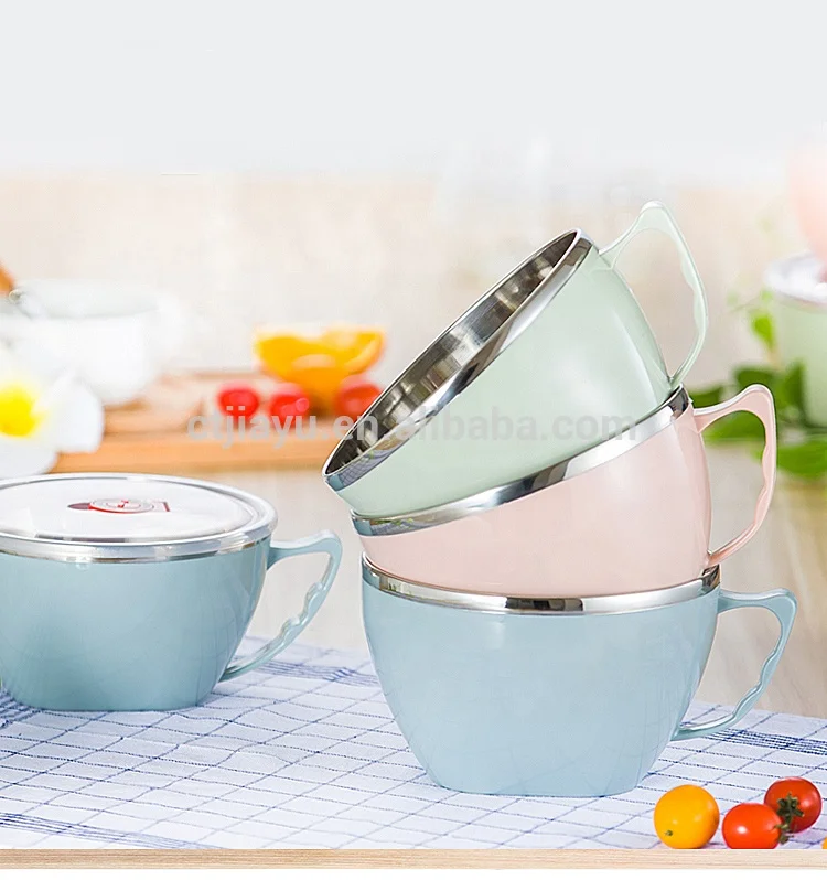 Noodle Bowl with Lid Wholesale Colorful Stainless Steel Double Insulation Plastic PP Plastic and Stainless Steel 304,metal 900ml