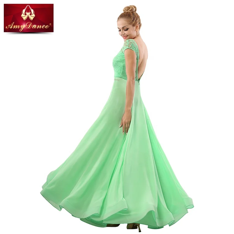 
Elegant large hem lace short sleeves long professional practice modern ballroom dance wear women ballroom dance dress 