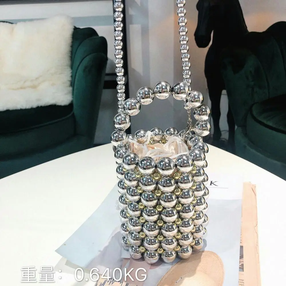 Summer 2021 New Korea Silver Handmade Pearl Bag Mini Bucket Bag Beaded Hand Bag