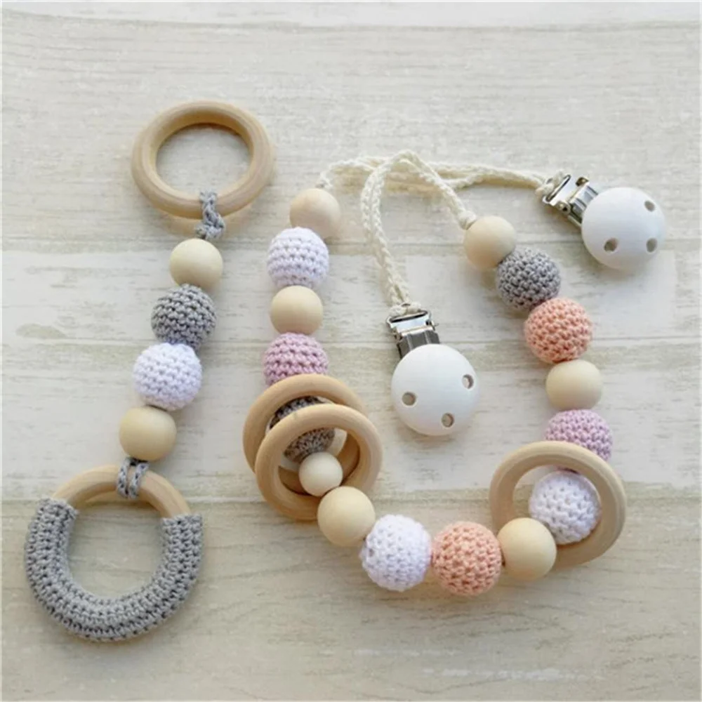 Crochet Baby Teether Organic Wood Pram Chain Stroller Hanging Toy