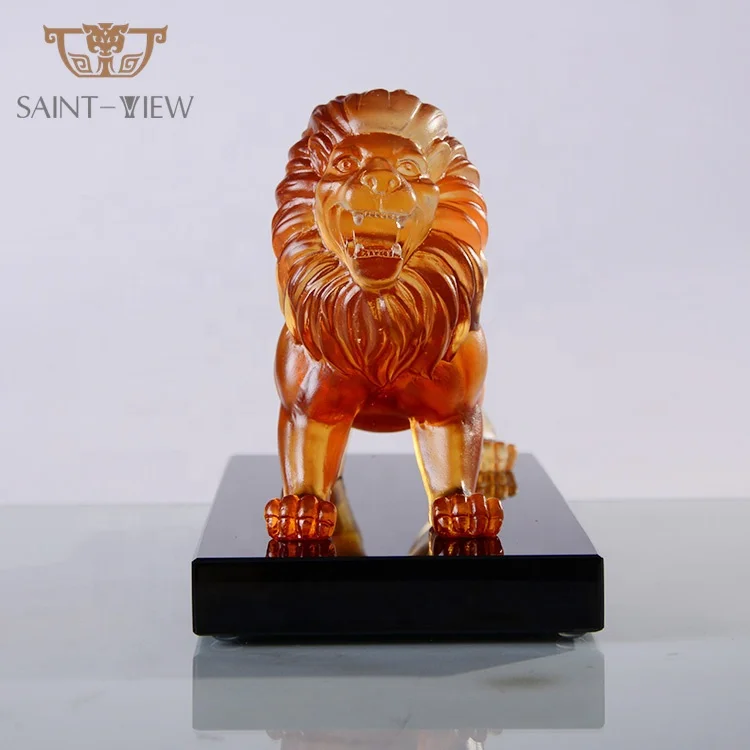 Casting Crystal Glass Amber Lion Wild Animal Statue Figurine Home Decor