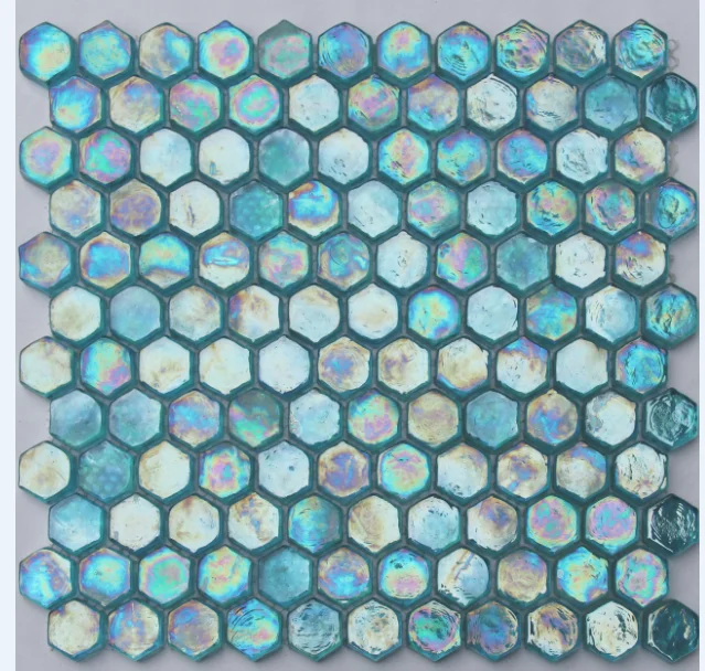 Iridescent blue mosaic glass tiles glass pool tiles
