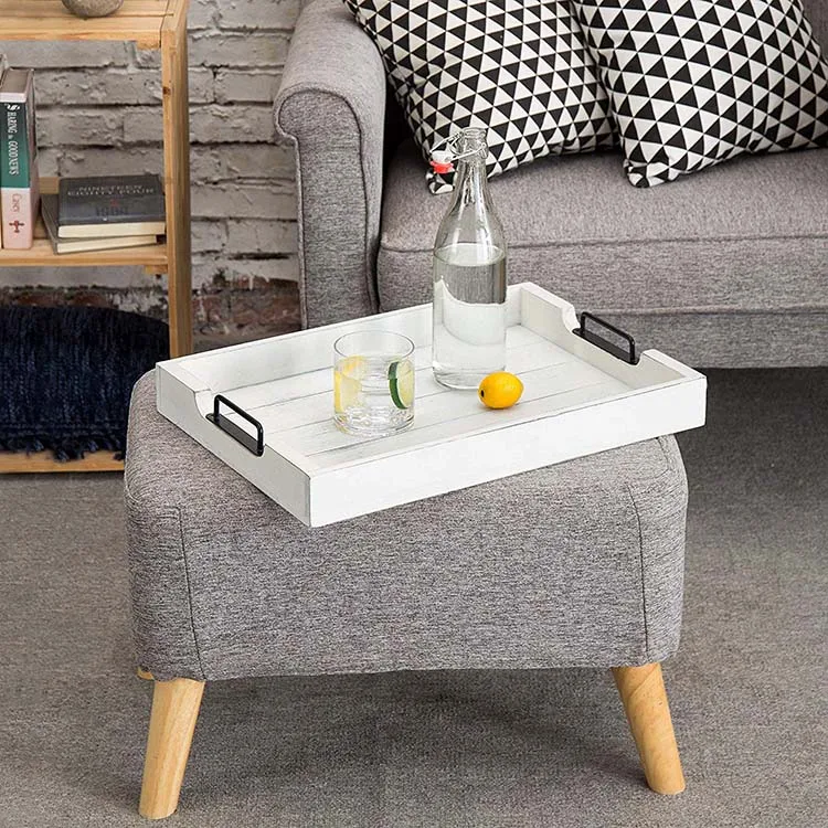 
Vintage White Wood 20-Inch Serving Tray with Black Metal Handles 