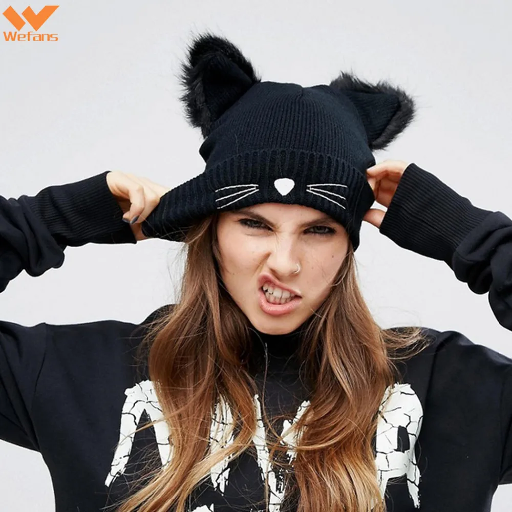 
Wefans AliExpress explosions fall and winter hot sale Harajuku style cat ears fur hat ladies embroidered knit hat winter 