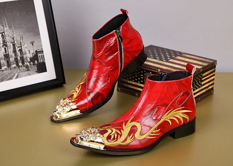 NA038 Fashion classic pointed toe men genuine leather Red Black Ankle boots Men Height Increased embroidered dragon Boots