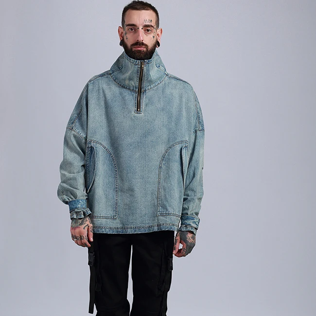 Custom casual high collar loose retro oversize denim jacket for men