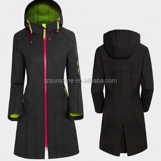 Custom Waterproof Hooded Long Softshell Raincoat for women