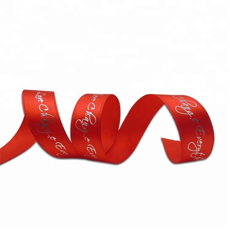 Cheapest Custom metallic sliver hot foil printed satin ribbon