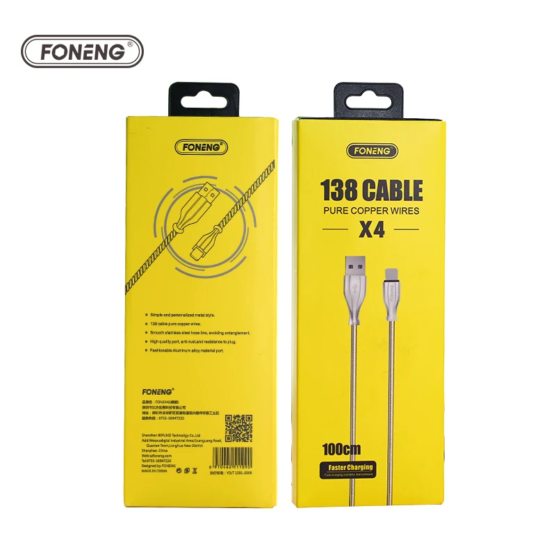 FONENG Wholesale Braided Zinc alloy 2.4A Mobile Phone USB  data transfer  Cable durable metal Fast Charging Data Cord Cable