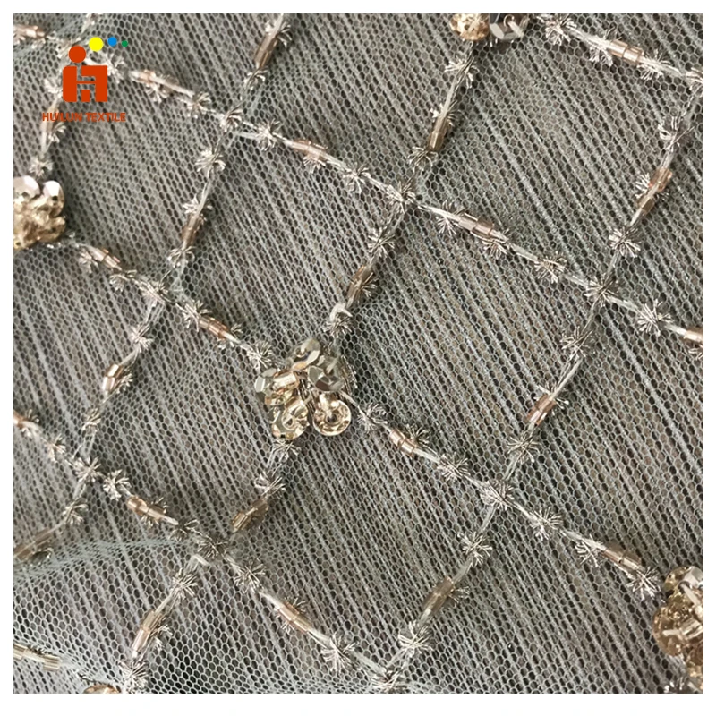 HLSD176 Luxury Tulle Lace Fabric Sequin Embroidery Beaded Lace Fabric On Polyester Mesh With Embroidery