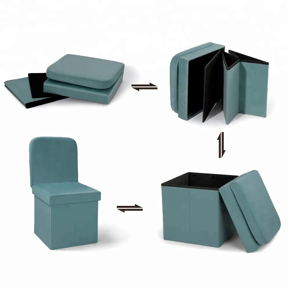 Velvet Ottoman Stool Chair with Backrest Foldable Storage Pouf
