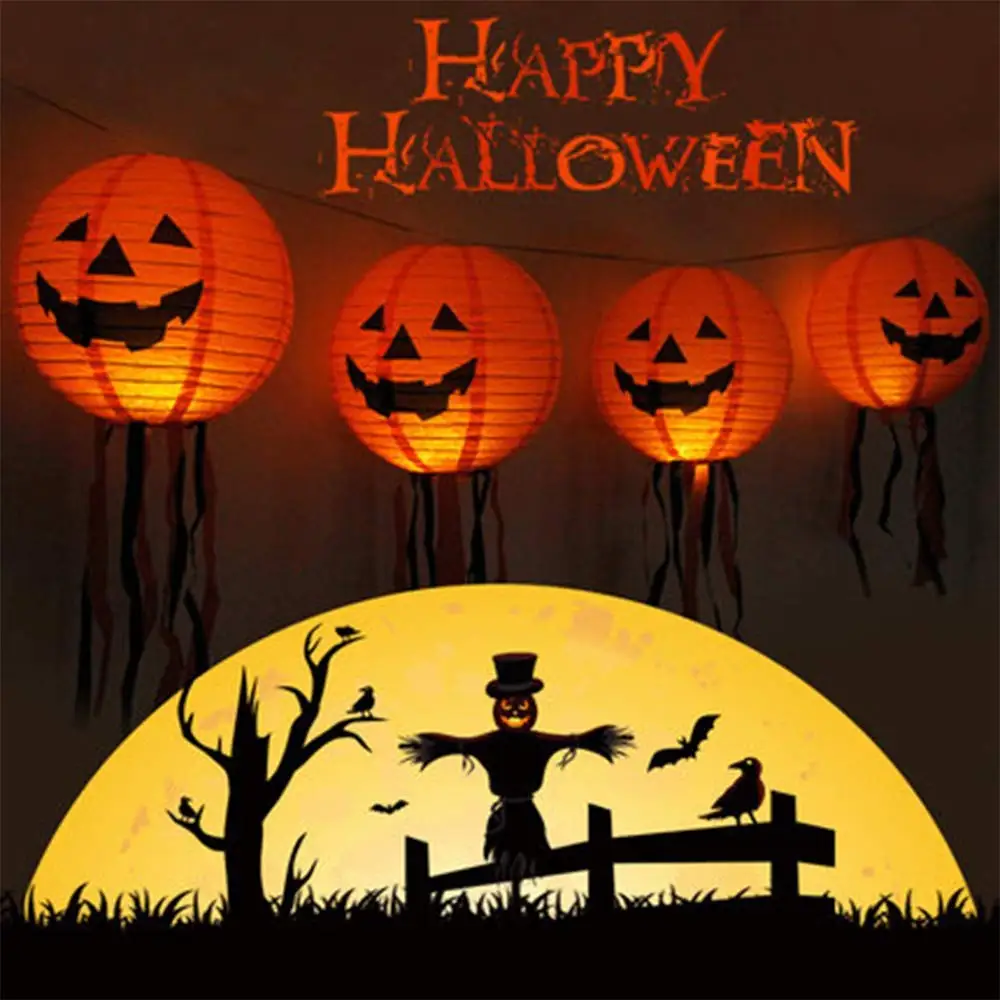 Halloween Decorations Paper Lanterns with LED Light Halloween Indoor and Outdoor Decoration Pumpkin Lantern