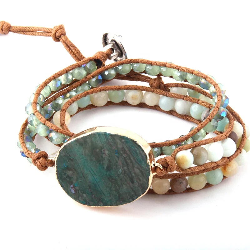 Fashion Women bracelet Handmade Natural Stone glass beads bracelet 3 row Men Leather Wrap Bracelet Dropship