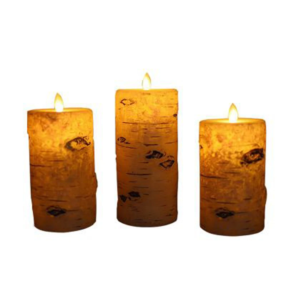 
Birth Tree Texture Flameless LED Real Wax Flickerling Moving Wick Pillar Candle With Timer Remote Control 