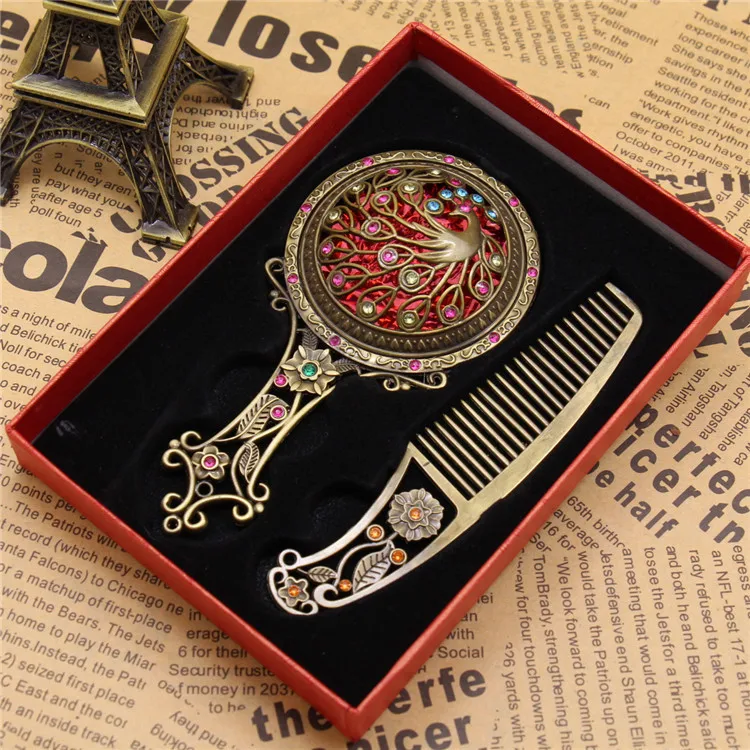 Wholesale Promotion Gift Handheld Bronze Hollow Out Cosmetic Makeup Decorative Comb Mirror Set