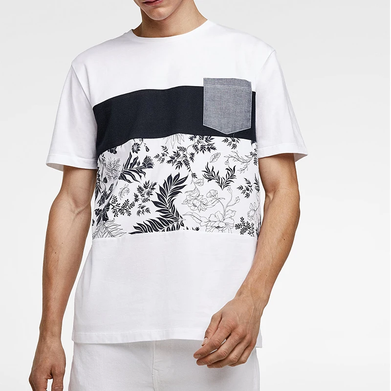 
New summer design Chest Pocket Spliced Panel Hawaii White Custom t shirt printing For man 