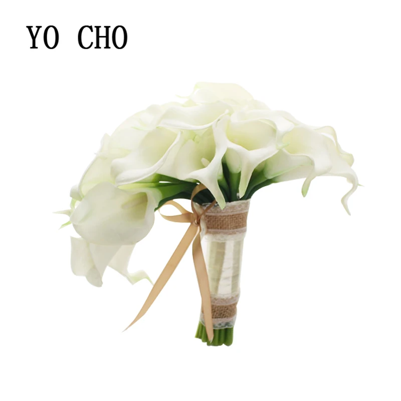 YO CHO wholesale high quality real touch white pu artificial bridal calla lily bulbs wedding bouquet bridal wedding party decor