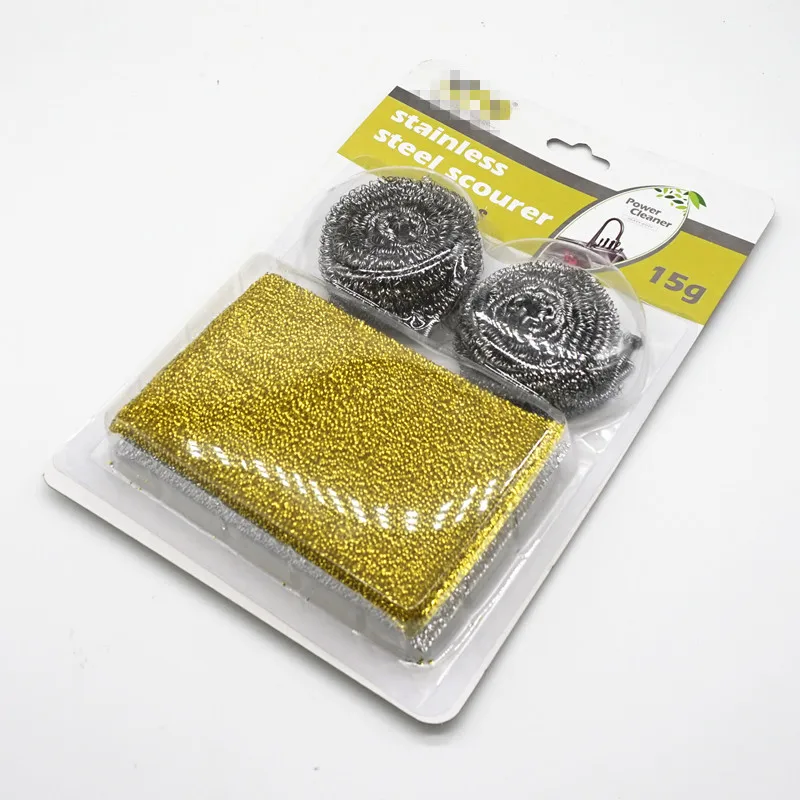 Value kitchen cleaning set contain 2pcs stainless steel scourer and 2pcs PET mesh sponge scourer double-sided scrub