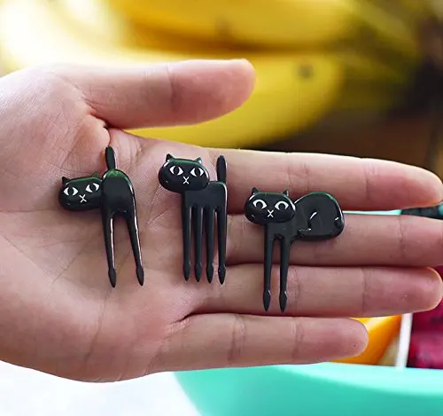 
6Pcs Mini Animal Fork Fruit Picks Cute Cartoon Cat Children Fork Bento Lunch Box Decor Accessories Black Color 