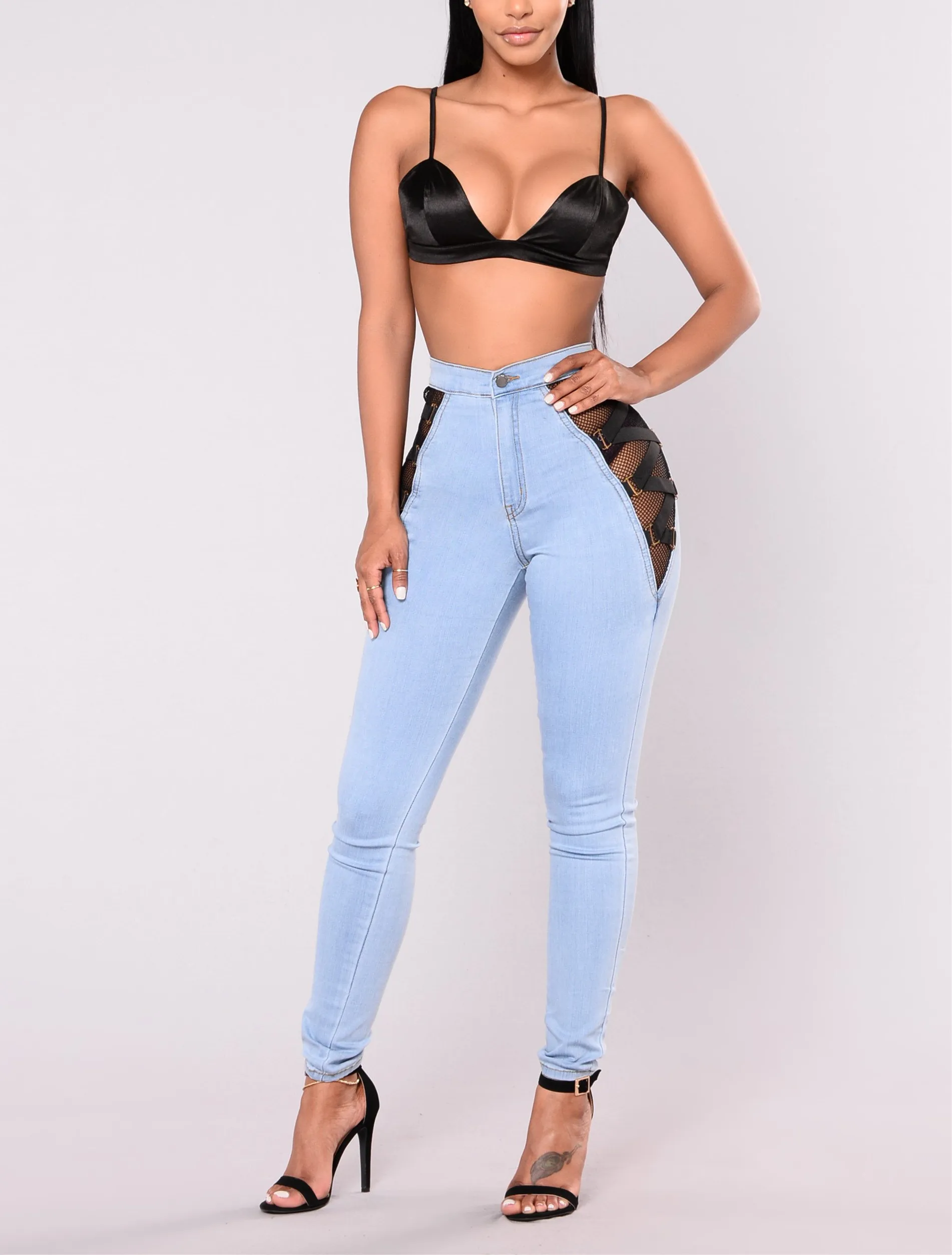 
New Style Mesh Lace High Waist Wholesale Stretch Jeggings Jeans /women jeans denim/womens stretch jeans 