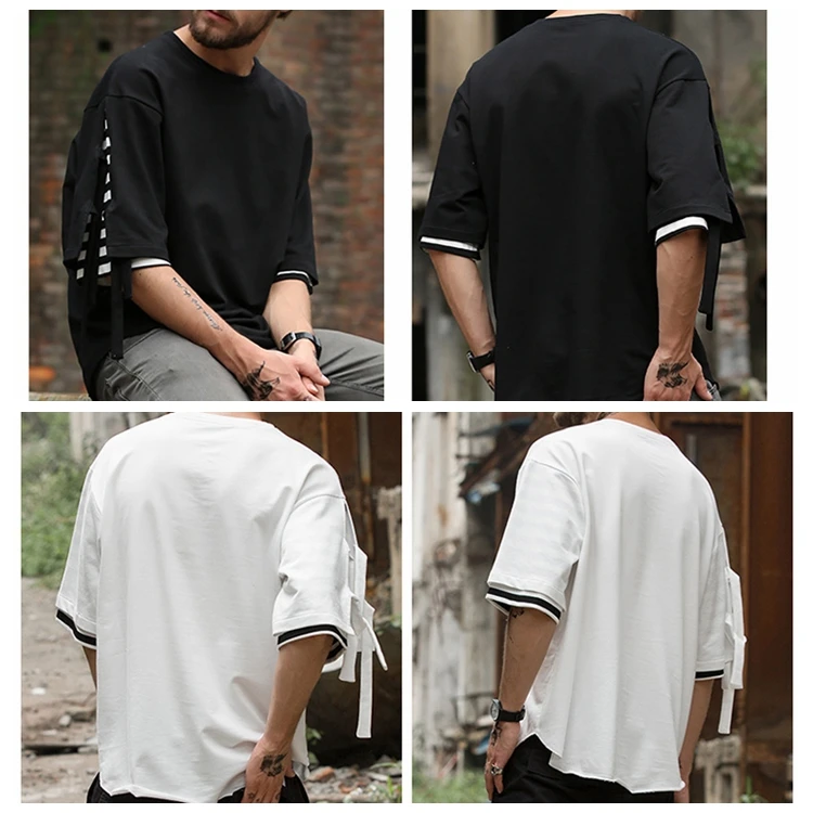 Wholesale OEM Fashion Extra Long Blank High Quality Stripe Decorate Hip Hop T Shirt