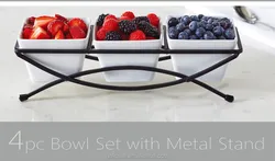 Hot Selling Snack Food Ceramic Dish Tableware White Ceramic Snack Bowls  With Metal Stand