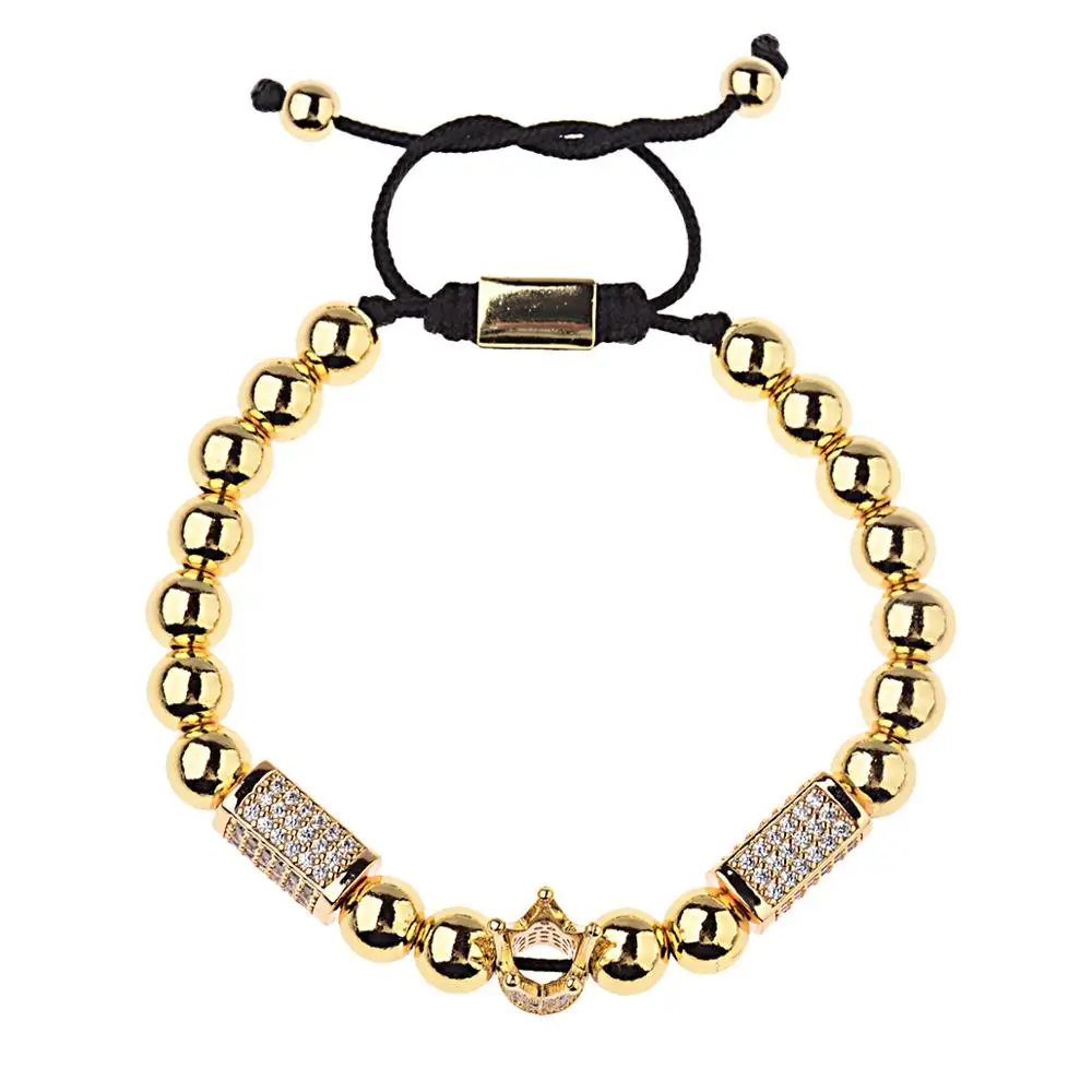 No Fade 8mm Real Gold Plated Copper Bead Micro Pave CZ Imperial Crown Charm Braided Macrame Bracelet Pulseira Masculina