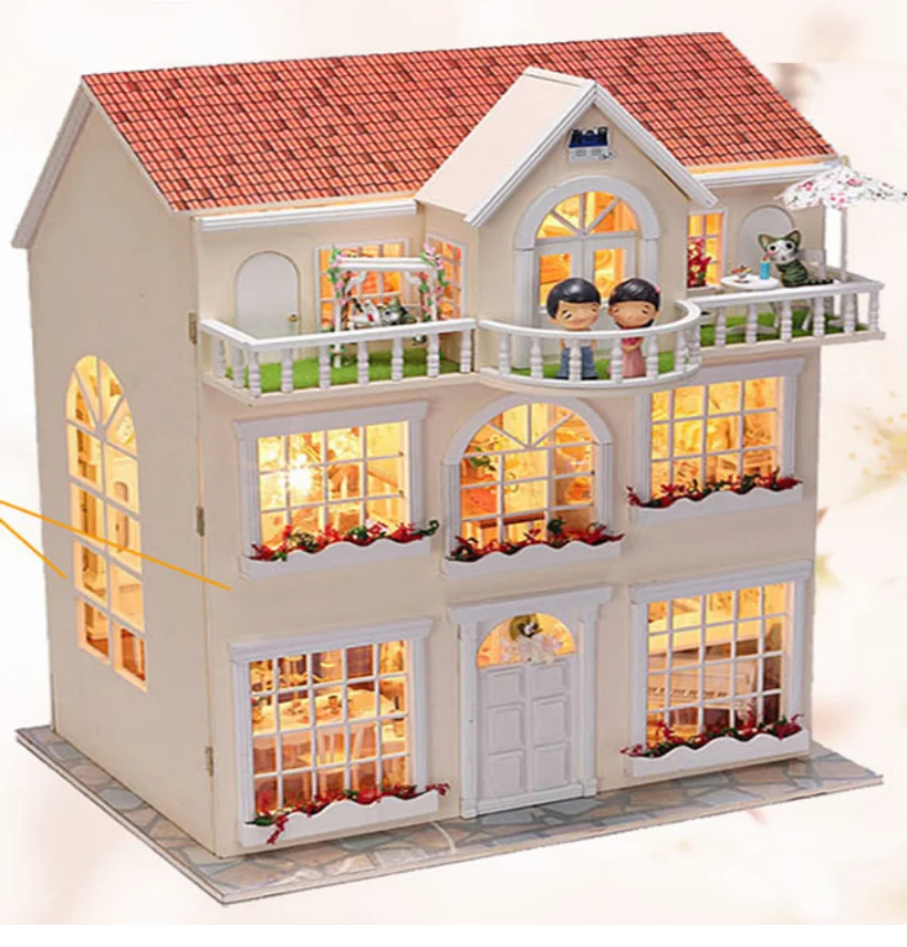 wooden doll house with lights for kids toy