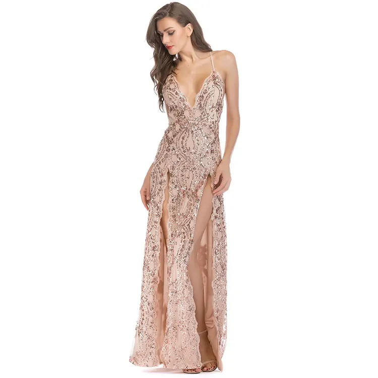 Modern women bulk sequin beaded sexy split maxi long dinner evening gown dress