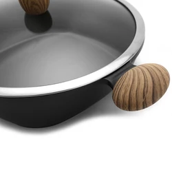 Aluminum die casting casserole with wood coating handle and black nonstick coating