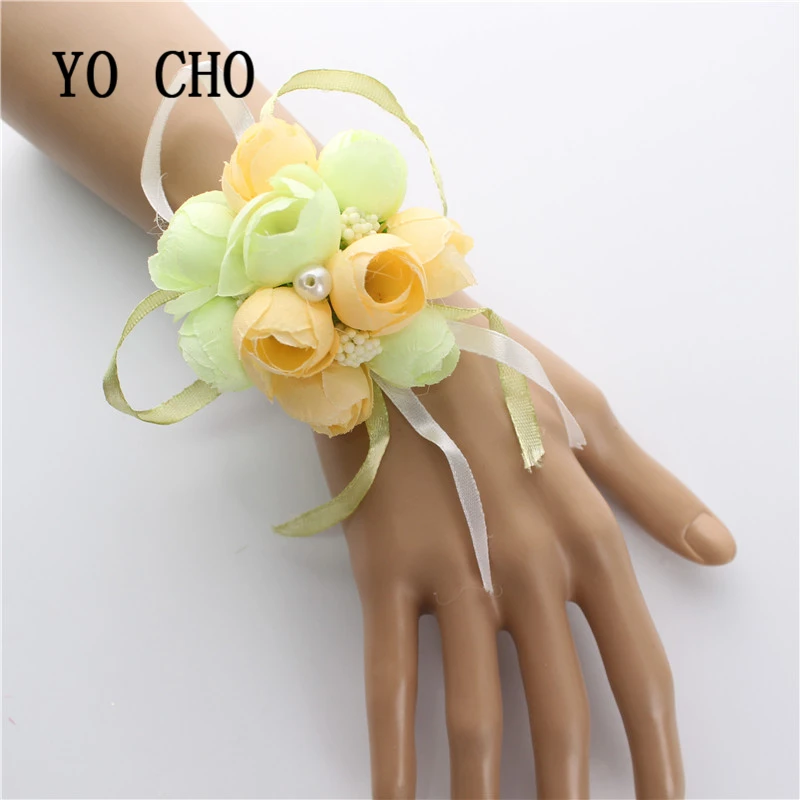 
YO CHO wholesale Christmas decor hand accessories for girls rose lovely bridal bridesmaid party corsage flowers with beige bud 