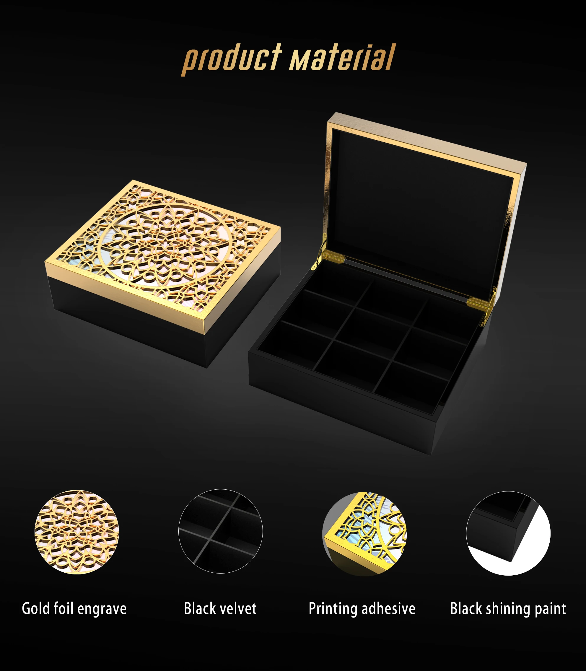 Роскошная деревянная лазерная гравировка Золотая фольга чайная коробка с бархатной подкладкой небольшие перегородки отделения сертификатом