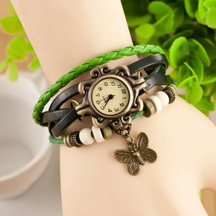 
Western style hand woven butterfly leather cord fancy woman watch bracelet 