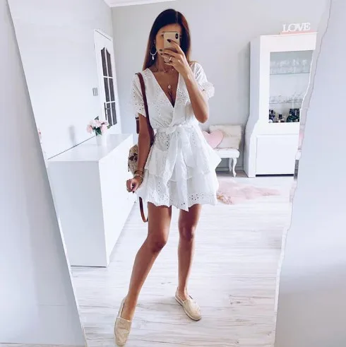 Sexy Short Sleeve V Neck Hollow Out Mini Dress With Sash For Ladies