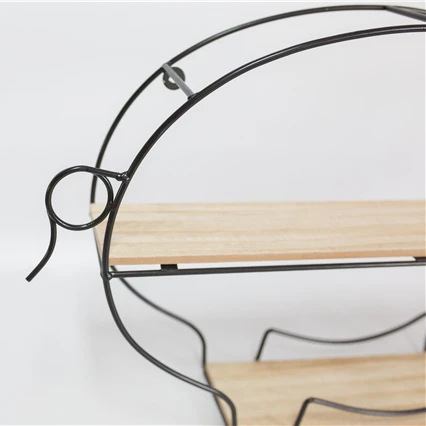 Hot Sale 2 Tier Rustic Farmhouse Pig Shaped Decorative Metal Framed Rack Wooden Wall Mounted Display Shelf