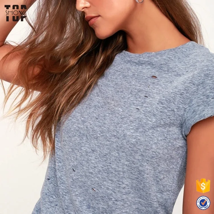 Oem tshirt women short sleeves distressed t-shirt in slate blue