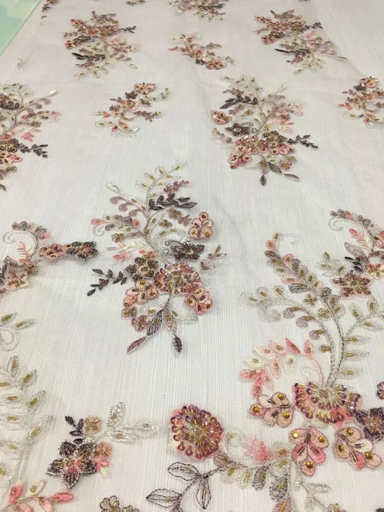 top end bridal beaded lace fabric with embroidery on mesh hand sequin and beaded tulle  lace fabric for party dress