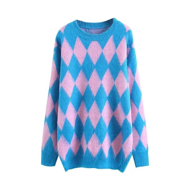 Custom Pullover v neck modern printed pattern mohair long sleeve knitted mink lady knitwear long sweater jumper