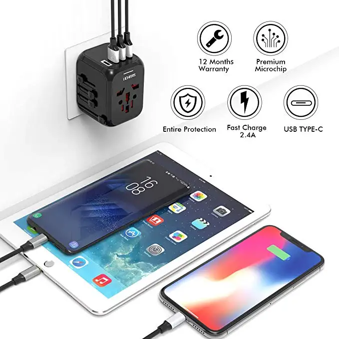 
Licheers Universal Travel Adapter USB Type-c Wall Charger Us Eu Uk Australia with Dual Fuse 5A Smart Power USB and 3.0A Black 
