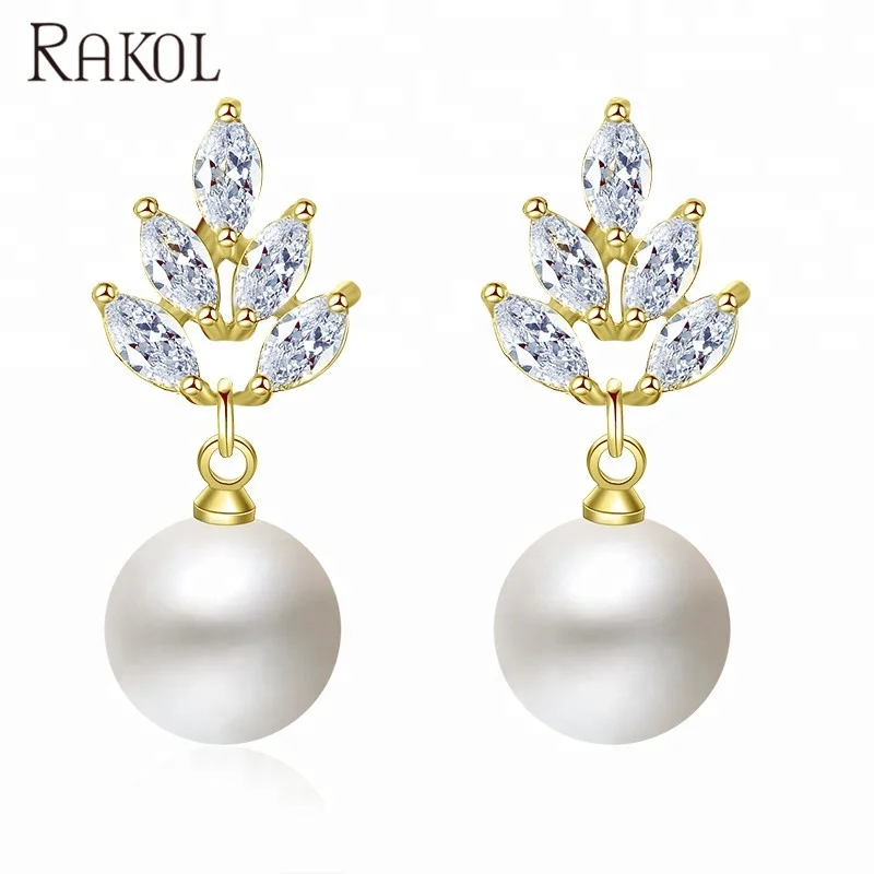 RAKOL EP499 Luxury wedding cubic zirconia bridal zircon crystal CZ big pearl earrings