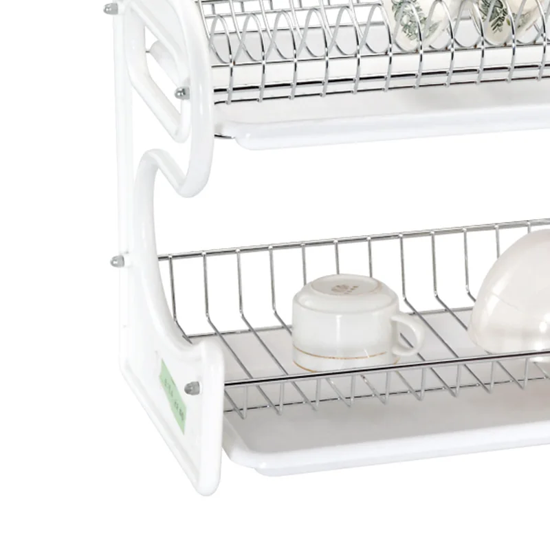 2 Tier Kitchen Dish Rack Dryer Organizer Counter Iron Metal Wire Stainless Steel Drainer Plate Storage Cup Rack with PP Tray