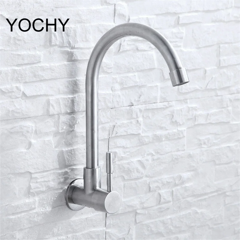 304 Stainless Steel Kitchen Faucet Single Cooling Water Tap Enter Wall Type Tap