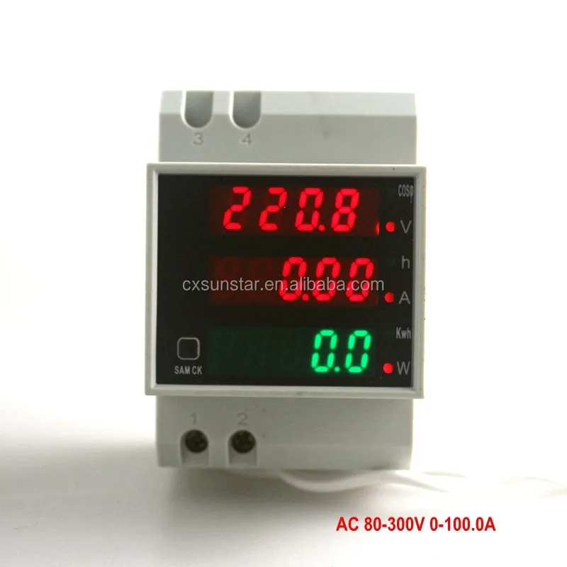 Din Rail Dual Display LED Ammeter Voltmeter AC 80-300V 0-100.0A Voltage Current Power Time Energy Tester 4 Digits 3 IN 1