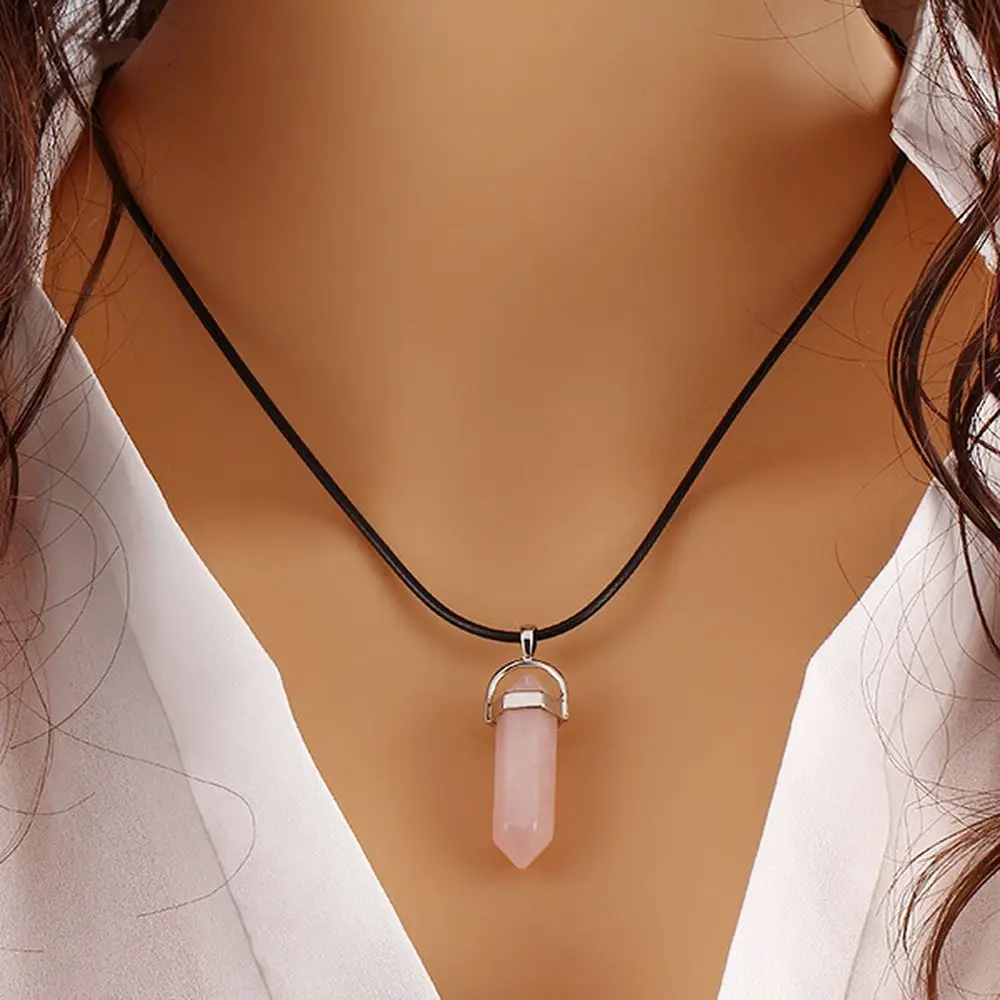 2021 Cheap Price Crystal Natural Stone Rose Quartz Black Rope Bullet Pendant Necklace