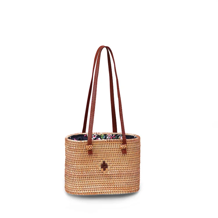 Bali Fashion Flower Lining Women Small Raw Beach Rattan Tote Bag For Vacation