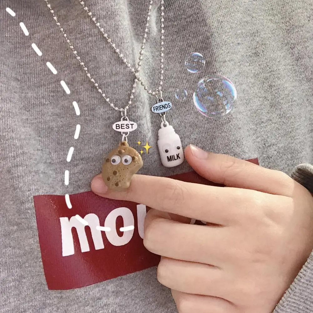 Cookie Milk Best Buds Pendant Necklaces For Women Girls BFF Friendship Silver Chain Jewelry Best Friends Necklace